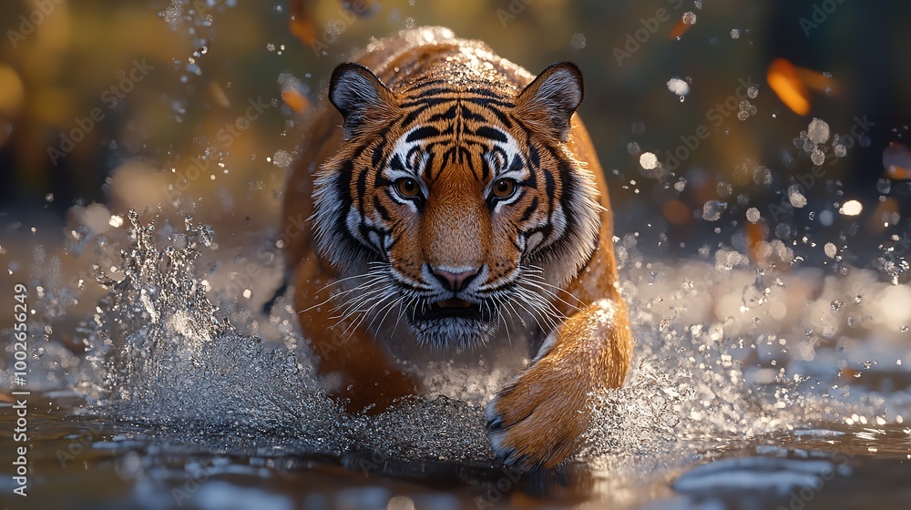 Siberian tiger, Panthera tigris altaica, low angle photo direct face view, running in the water directly at camera with water
