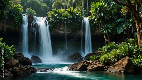 Tropical landscape with a massive waterfall.