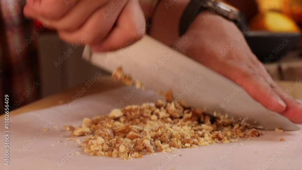 man cuts caramelized nuts with a knife to decorate pumpkin pie man cuts caramelized nuts with a knife to decorate pumpkin pie