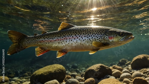 Trout swimming in a sunlit riverbed.