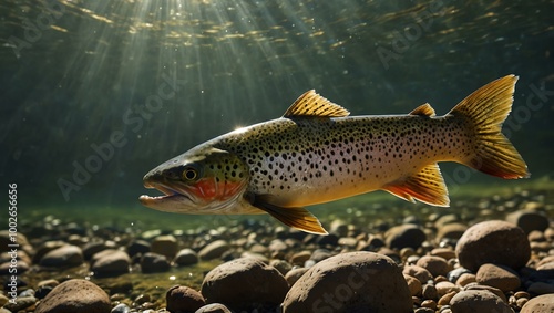 Trout swimming in a sunlit riverbed.