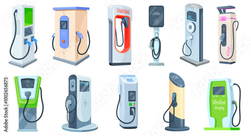 Ev charger stations. Electric vehicle charge station, electrical car recharge energy road point with cable charging electronic socket automobile battery, neat vector illustration