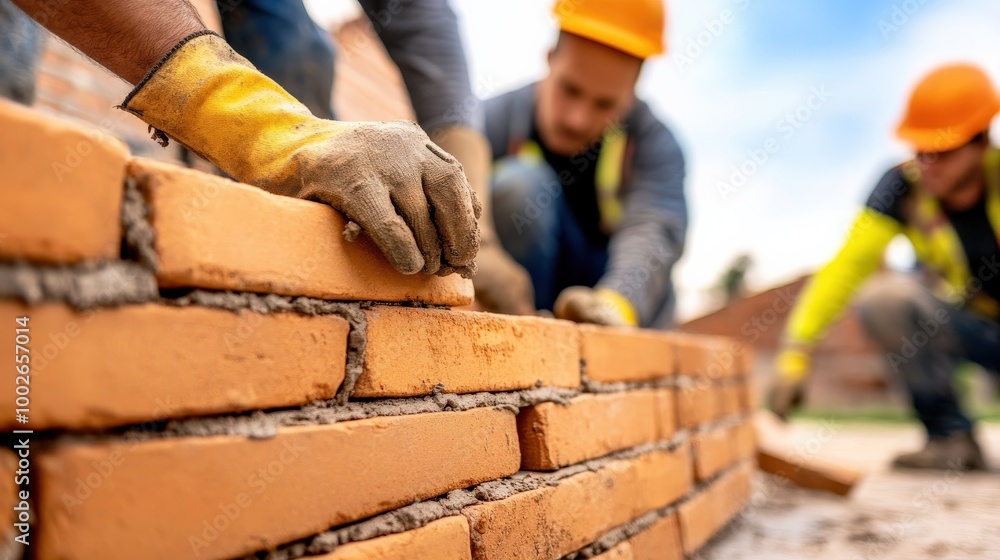 A bricklayer is laying bricks on a wall A bricklayer is laying bricks on a wall