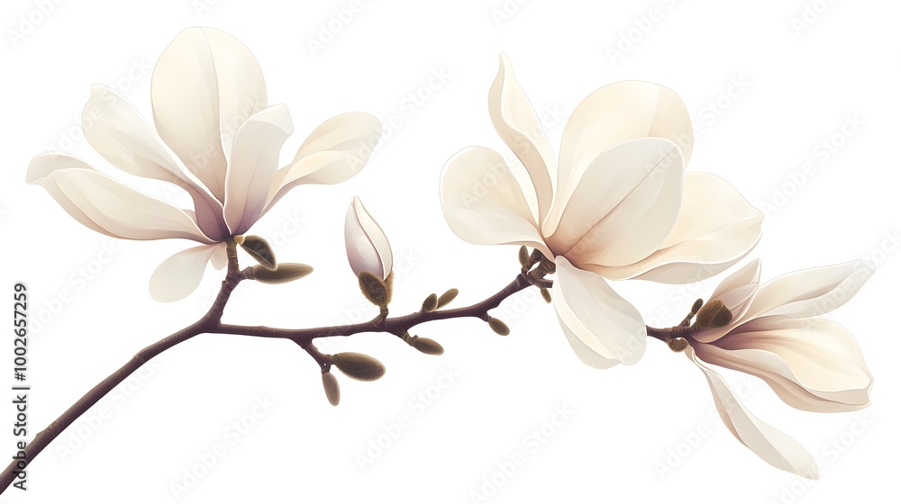 Obraz premium Minimalist Magnolia Branch with Delicate White Petals on Clean Background