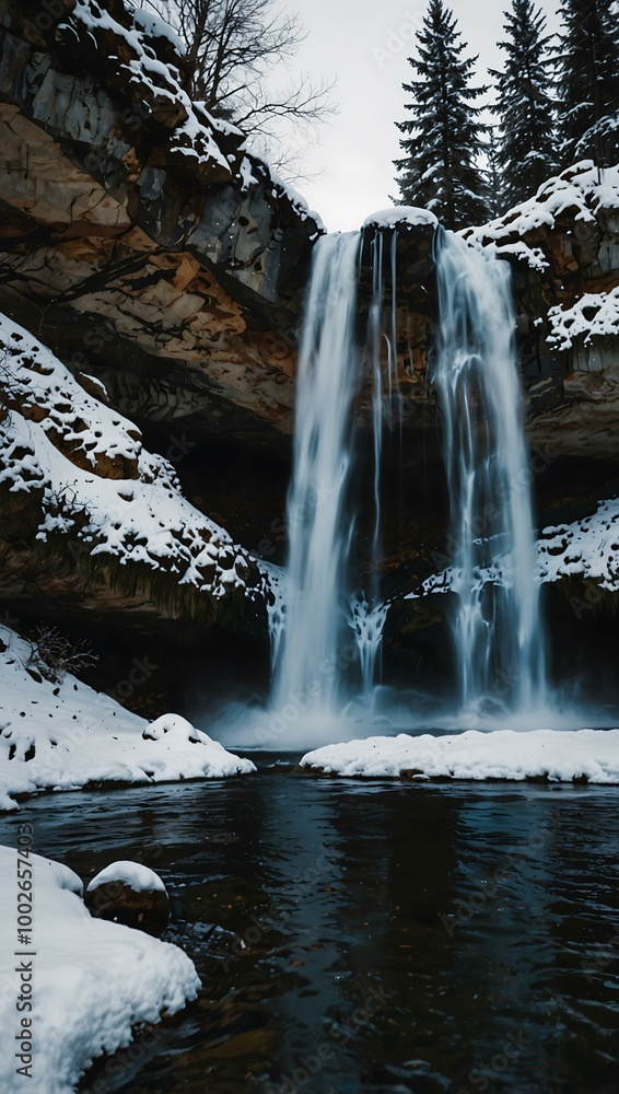 Waterfall adventures during winter, enveloped in snow. Waterfall adventures during winter, enveloped in snow.