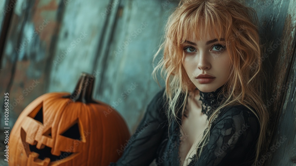 Dark Gothic Halloween Aesthetic with Pumpkins and Mysterious Girl Dark Gothic Halloween Aesthetic with Pumpkins and Mysterious Girl