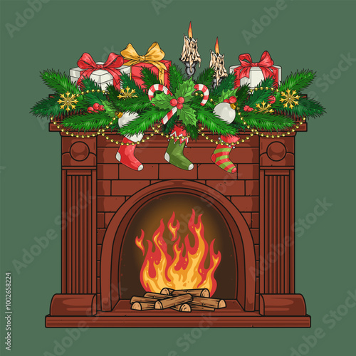 Christmas fireplace colorful vintage label
