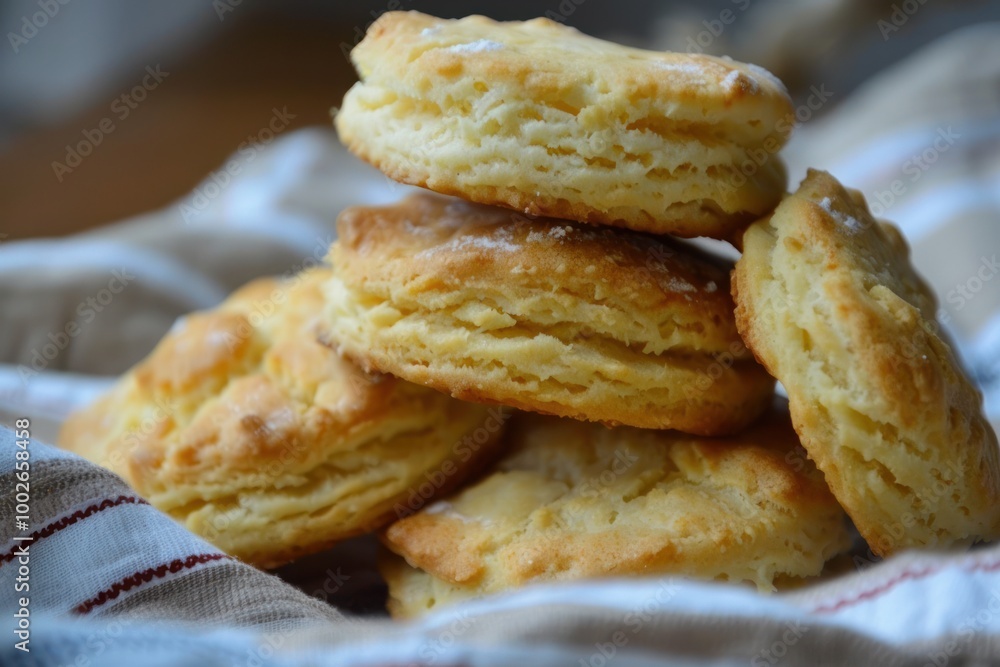 Stack of homemade biscuits on a striped cloth. Food close-up shot. Baking and culinary concept for design and print. Stack of homemade biscuits on a striped cloth. Food close-up shot. Baking and culinary concept for design and print.