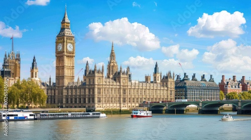 View of the Palace of Westminster and Big Ben across the River Thames under a blue sky. Landmark photography. Travel and architecture concept for design and print.