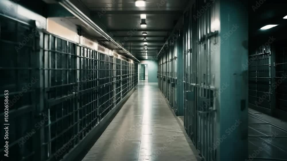 Prison building interior, corridor and cells Prison building interior, corridor and cells