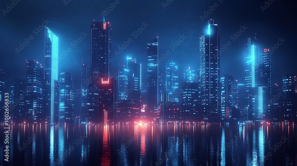 Futuristic City Skyline at Night with Neon Lights Futuristic City Skyline at Night with Neon Lights