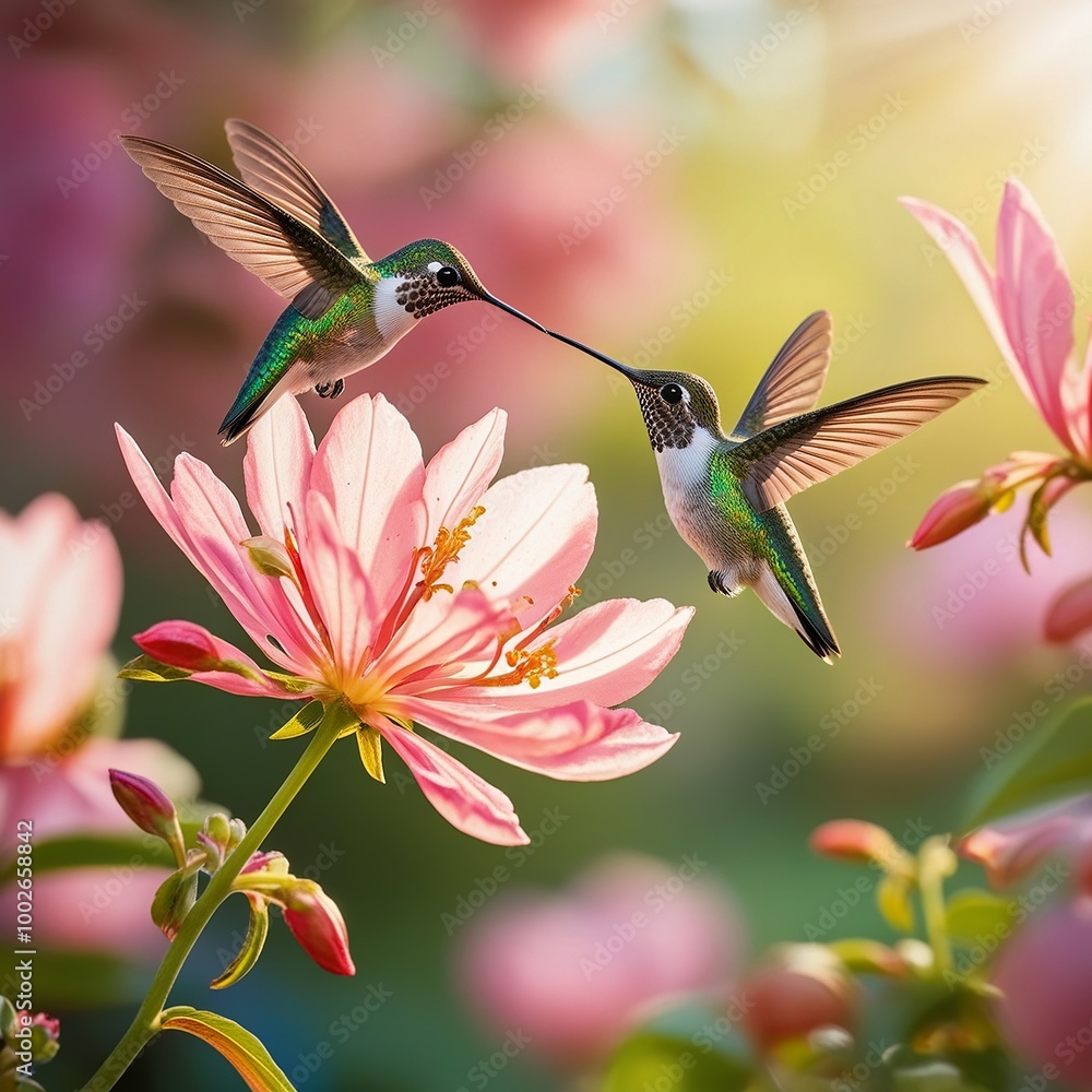 Fototapeta premium Hummingbirds in Harmony: Vibrant Flight Among Blossoms
