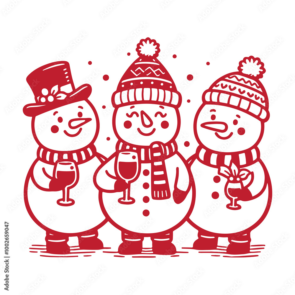 Happy snowmen enjoy holiday festivities, holding wine glasses, dressed in cozy scarves and hats. Perfect for Christmas party. Cute snowman vector illustration in cartoon style Happy snowmen enjoy holiday festivities, holding wine glasses, dressed in cozy scarves and hats. Perfect for Christmas party. Cute snowman vector illustration in cartoon style