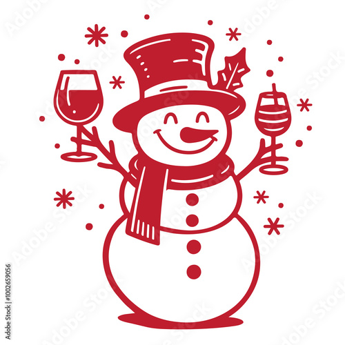 Joyful snowman with a top hat and two glasses of wine, perfect for festive Christmas gatherings and winter celebrations.Vector illustration in cartoon style towel