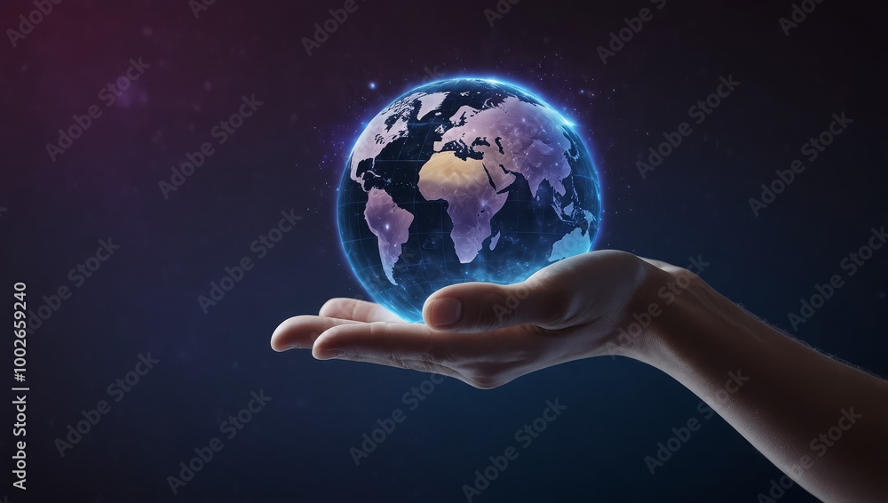 Hand holding a hologram of the Earth against a dark blue and purple background, representing the world map concept for global business technology or environmental protection ideas Hand holding a hologram of the Earth against a dark blue and purple background, representing the world map concept for global business technology or environmental protection ideas