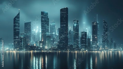 Futuristic Cityscape at Night with Reflective Water