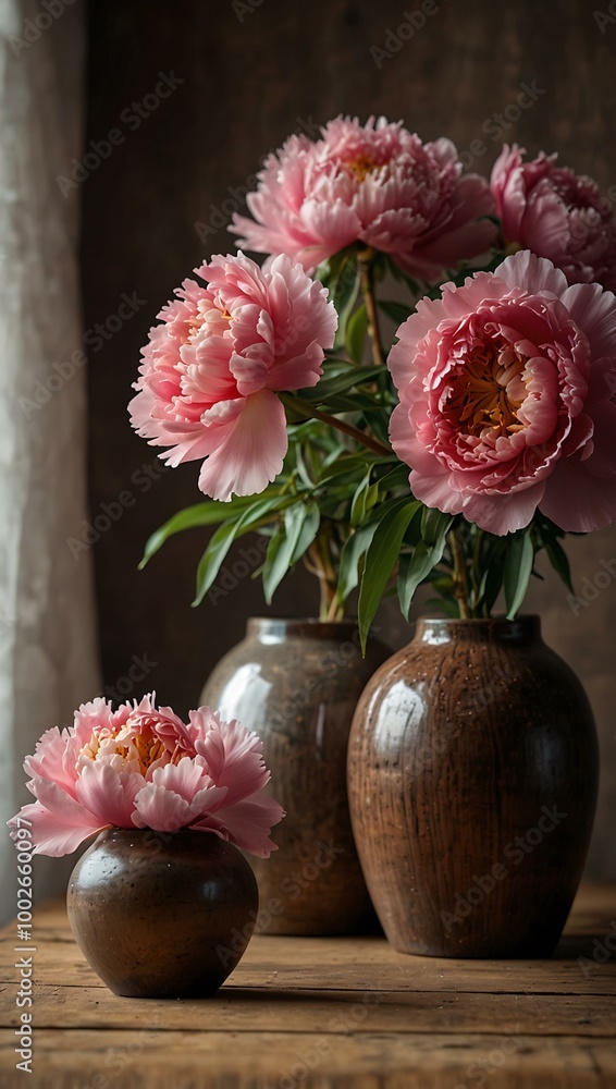 Vase of Pink Peonies on a Wooden Table, Creating Movement Vase of Pink Peonies on a Wooden Table, Creating Movement