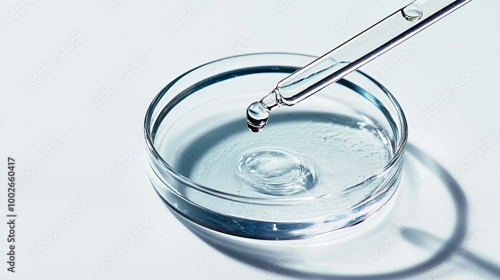 Intricate Drop of Liquid from Pipette in Laboratory Petri Dish Intricate Drop of Liquid from Pipette in Laboratory Petri Dish