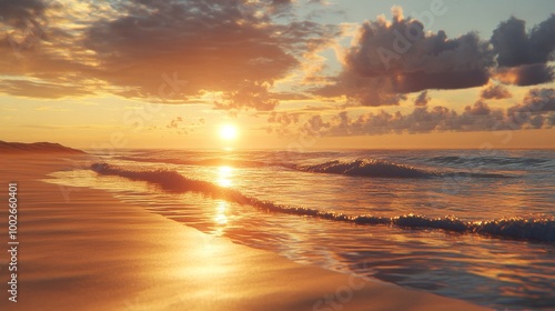 Sunset over a serene beach, golden light spreading across the sand and water