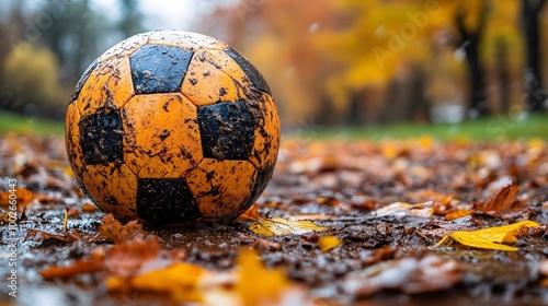 Soccer players competing on a muddy field under gray autumn skies photo