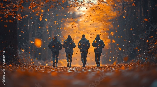 A group of athletes running through a scenic autumn forest with golden leaves falling photo