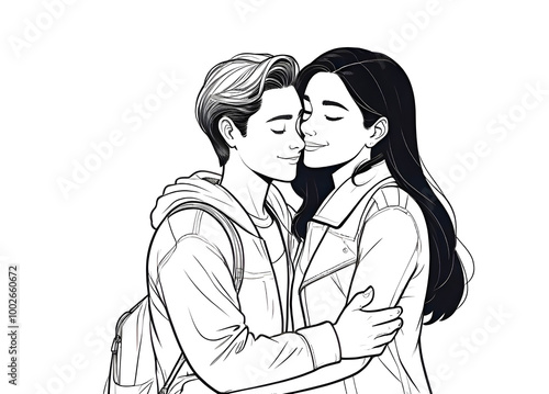 A black and white drawing of two friends are embracing each other warmly 