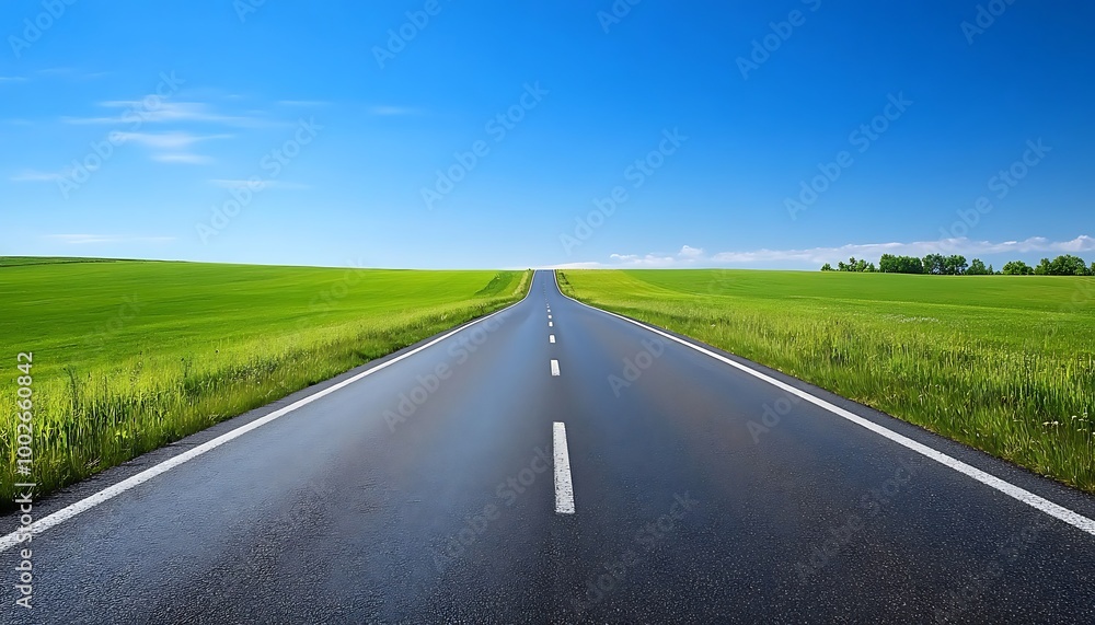 Asphalt Road Leading Through a Verdant Meadow Asphalt Road Leading Through a Verdant Meadow
