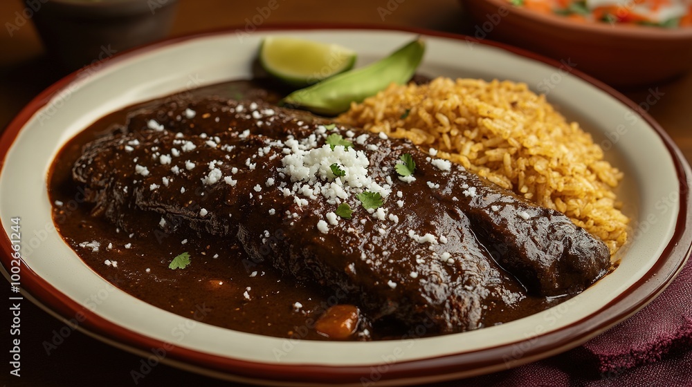 Plate of Mexican mole enchiladas with rice and beans Plate of Mexican mole enchiladas with rice and beans