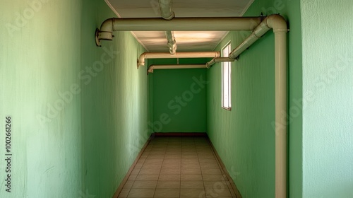 Bright sunlight illuminates a fan-shaped air vent set in the ceiling of an industrial building, adding an interesting architectural feature to the space photo