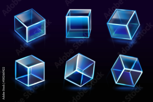 Glass neon cubes. Lighting cube crystal block, glow plastic geometric shape blockchain futuristic technology glowing clear box overlay effect 3d realistic exact vector illustration