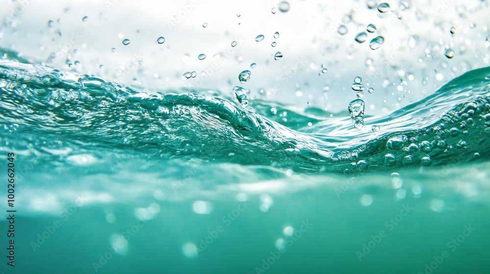 Captivating image of clear water droplets creating waves in an aquatic environment, showcasing the beauty of nature's elements. Captivating image of clear water droplets creating waves in an aquatic environment, showcasing the beauty of nature's elements.
