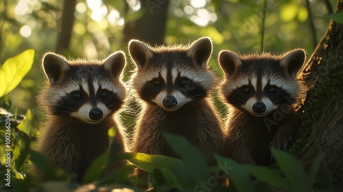 Playful raccoons peeking out from behind a log Generative AI