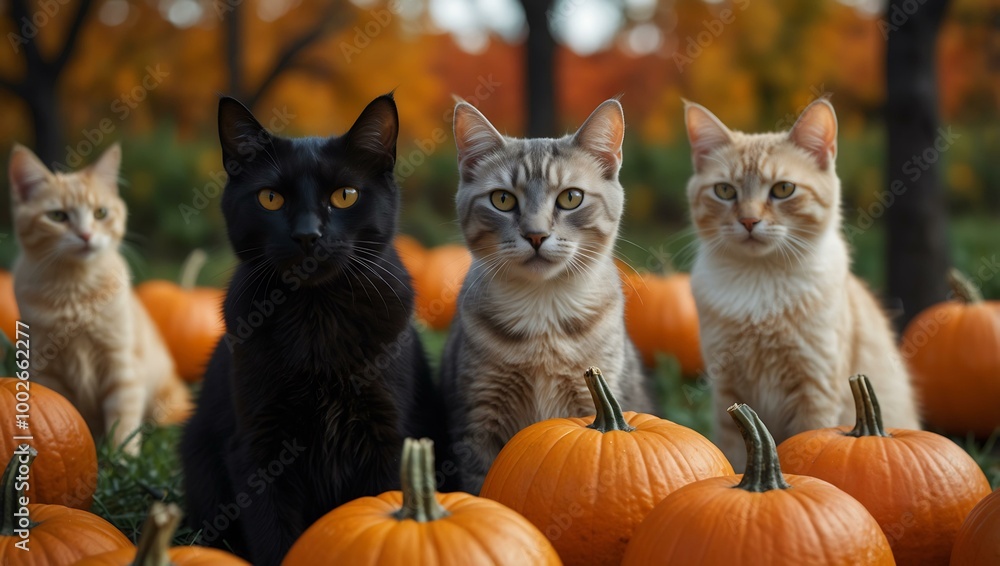 Vibrant Halloween scene with cats and pumpkins. Vibrant Halloween scene with cats and pumpkins.