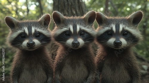 Playful raccoons peeking out from behind a log Generative AI