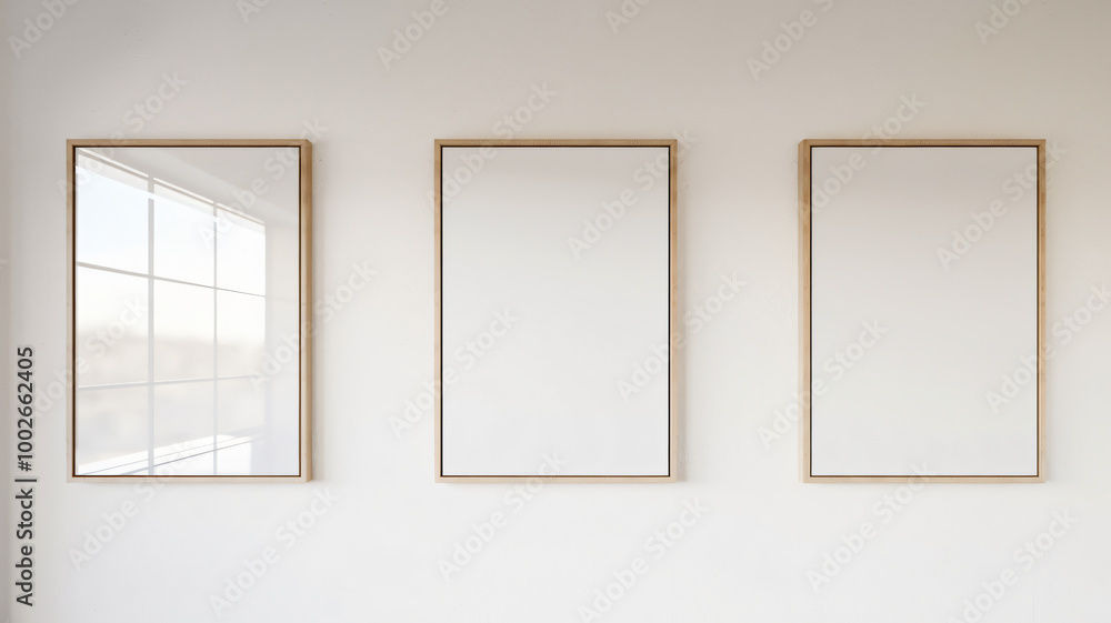 Three empty frames hanging on a wall in a white room Three empty frames hanging on a wall in a white room