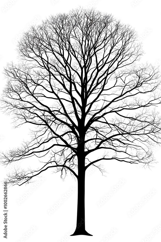 Obraz premium Black Silhouette of Tree with Delicate Leaves on transparent background