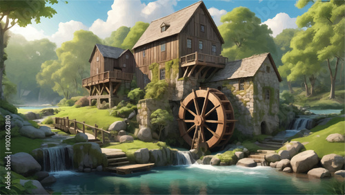 Whimsical Cartoon Watermill with Moss-Covered Stones and Oversized Wooden Wheel