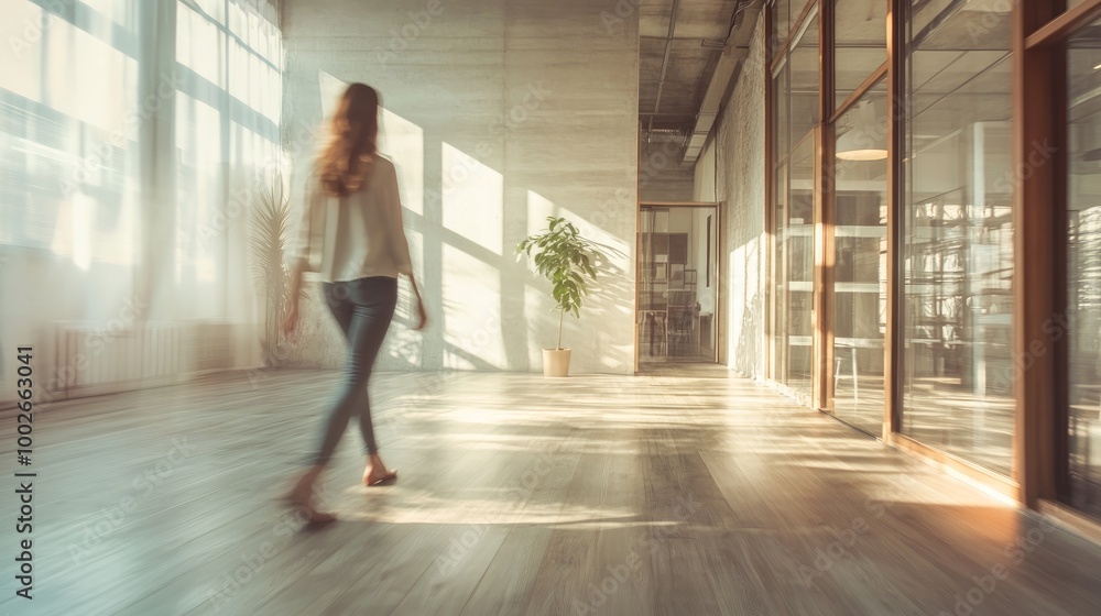 Blurry happy young woman walking in modern light concrete and glass office box interior with mock up place on walls and wooden floors. Designer concept Blurry happy young woman walking in modern light concrete and glass office box interior with mock up place on walls and wooden floors. Designer concept