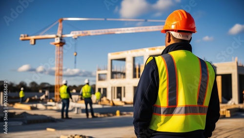 Daytime Construction Site Worker in Safety Gear Overlooking Cranes and Building Activity