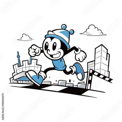 A cartoon runner is dodging obstacles in an urban environment.