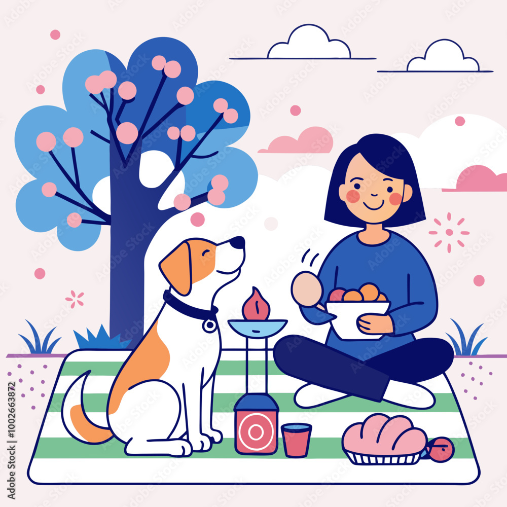 Fototapeta premium A dog happily enjoys a picnic with its owner under a shady tree.
