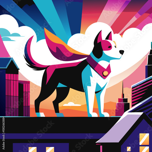 A dog wearing a red superhero cape stands proudly on a rooftop, gazing confidently into the distance.