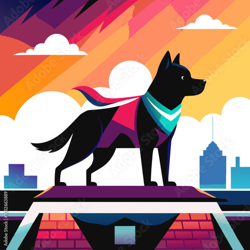 A dog wearing a superhero cape stands confidently on a rooftop, looking out over the city.