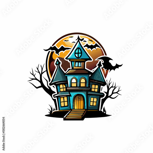 A silhouette of a haunted house with a full moon in the background.