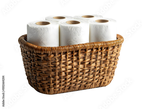  Wicker Basket Filled with Toilet Paper Rolls Isolated on Transparent Background.