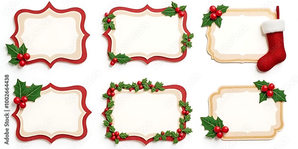 Christmas-themed set of 6 stickers, rectangle-shaped, glitter decorations, blank center for note-taking, includes stockings_00001_ Christmas-themed set of 6 stickers, rectangle-shaped, glitter decorations, blank center for note-taking, includes stockings_00001_