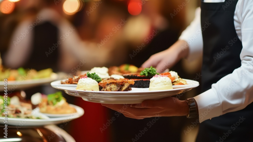 A busy restaurant scene with a waiter carrying plates of food. Focus on stylish dishes, with a blurred party in the background. A busy restaurant scene with a waiter carrying plates of food. Focus on stylish dishes, with a blurred party in the background.