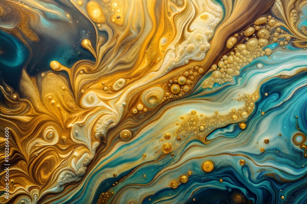 Swirls of gold and blue paint create dynamic abstract pattern Swirls of gold and blue paint create dynamic abstract pattern