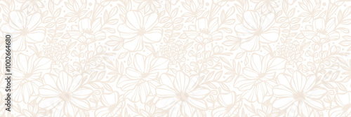 White flower banner, seamless repeating flower print cover background, elegant spring vintage wallpaper