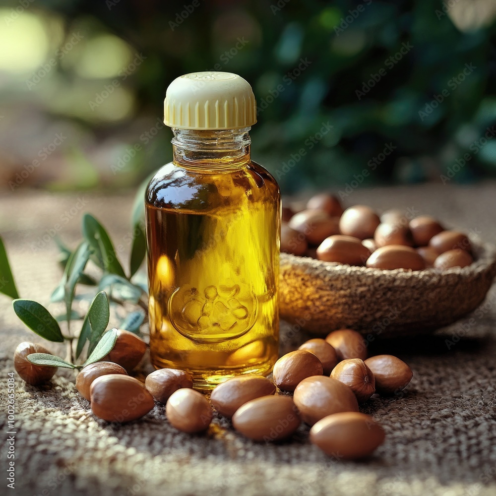 A Bottle of Argan Oil with Amber-Colored Nuts in a Natural Setting A Bottle of Argan Oil with Amber-Colored Nuts in a Natural Setting